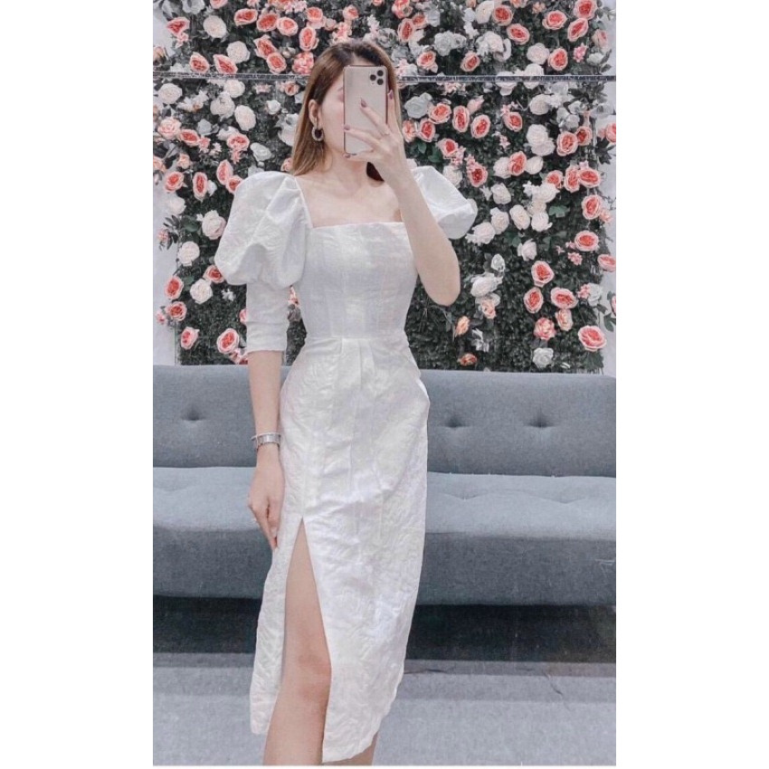 Đầm ôm body gấm lục dự tiệc tay phòng GD8272A
