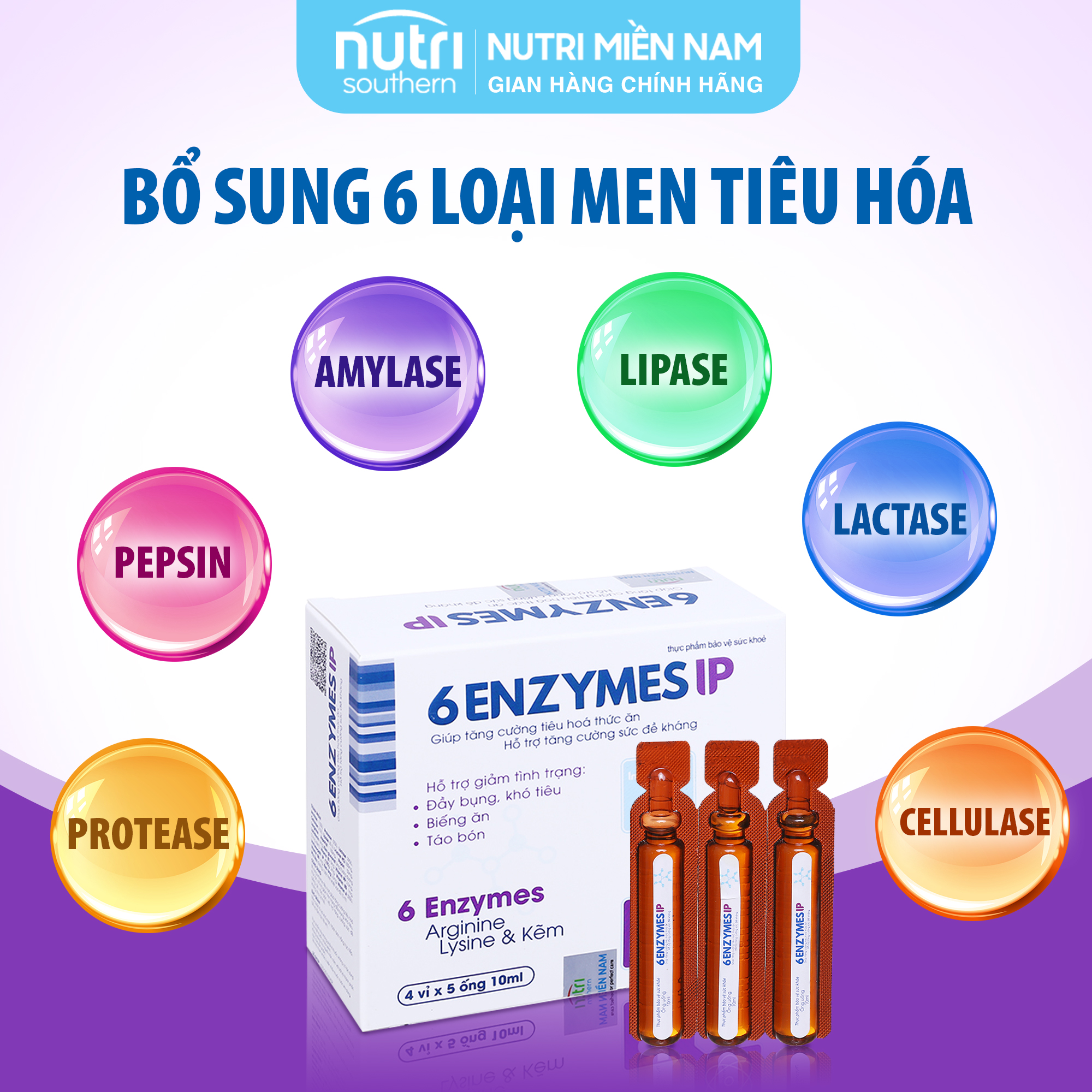 Men tiêu hóa 6 ENZYMES IP - Hỗ trợ tăng cường tiêu hóa với 6 loại enzyme thiết yếu, giúp ăn ngon, giảm táo bón (hộp 20 ống x 10ml)