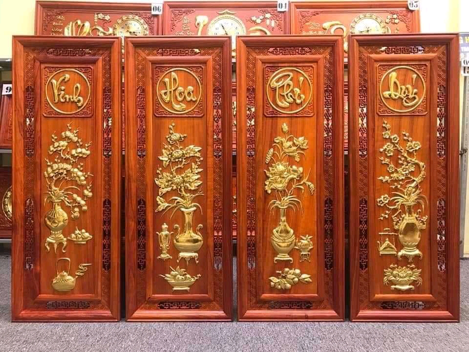 Tranh đông bích tứ quý bốn mùa ,xuân hạ ,thu đông ,trong năm bằng gỗ hương đỏ kt 37×107×3cm