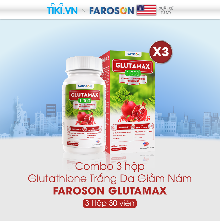 Combo 3 hộp viên uống glutathione Faroson Glutamax 1000 trắng da mờ nám chống nắng 30 viên