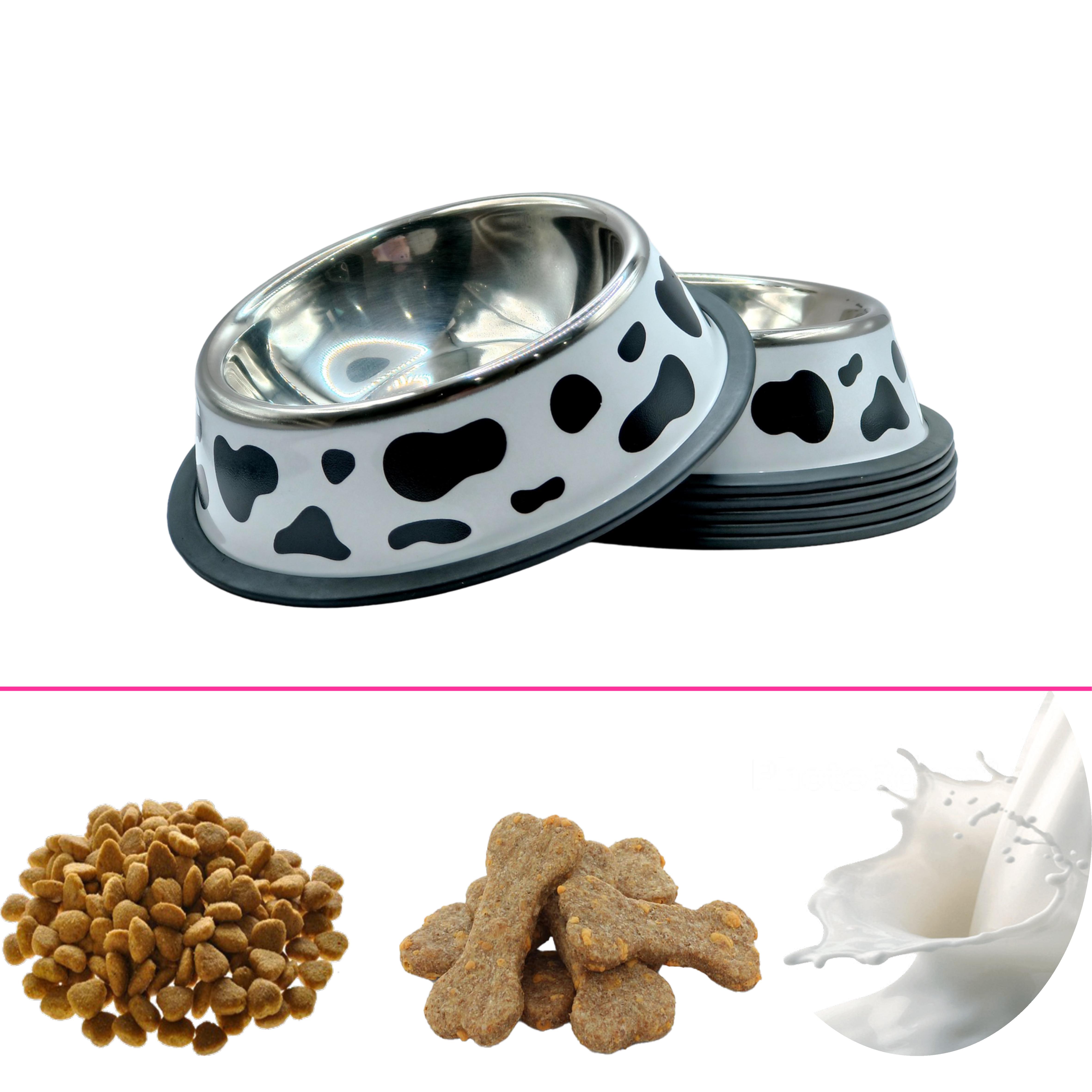 Bát ăn thú cưng, bát ăn chó mèo hình bò sữa, chất liệu inox an toàn sử dụng cho vật nuôi. Bát có 3 kích thước 18cm, 26cm, 34cm. Bát ăn size nhỏ 18cm