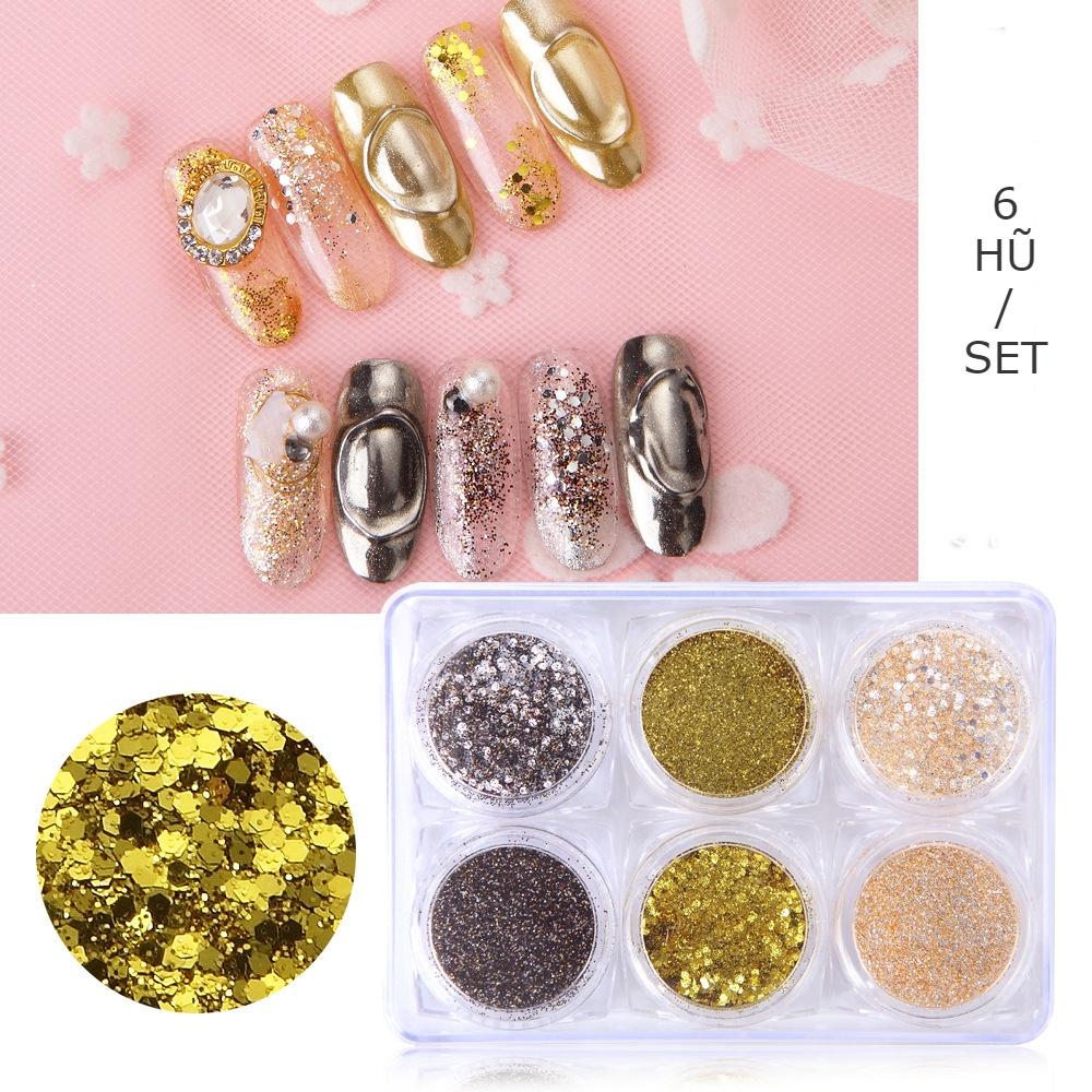 Set nhũ rắc móng nail kim tuyến vàng trắng , Set 6 hũ nhũ cát mịn Yapas ánh màu kim cương trang trí móng tay