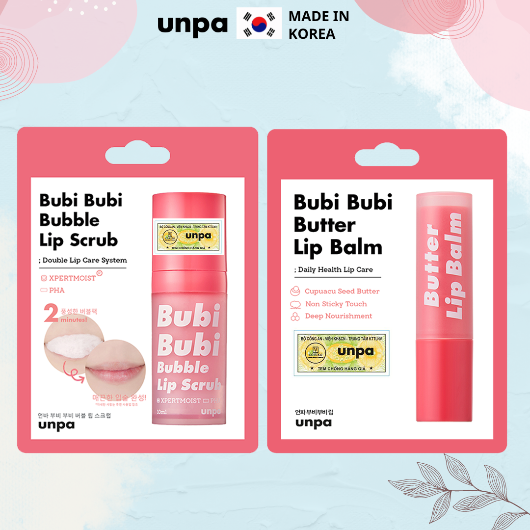 Combo gel tẩy tế bào chết môi và son dưỡng môi làm hồng và căng mọng môi Unpa Bubi Bubi Lip Scrub 10ml + Unpa Bubi Bubi Lip Balm 3.8g