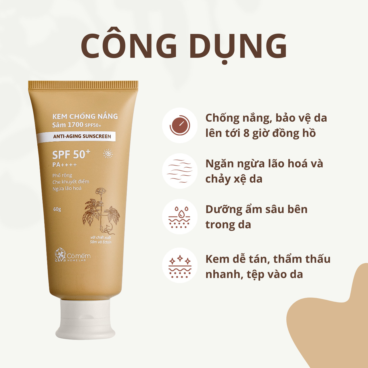 Kem Chống Nắng Sâm 1700 SPF50 PA++++ Phổ Rộng Chống Lão Hoá Bảo Vệ Dưỡng Ẩm Da Cỏ Mềm 60g