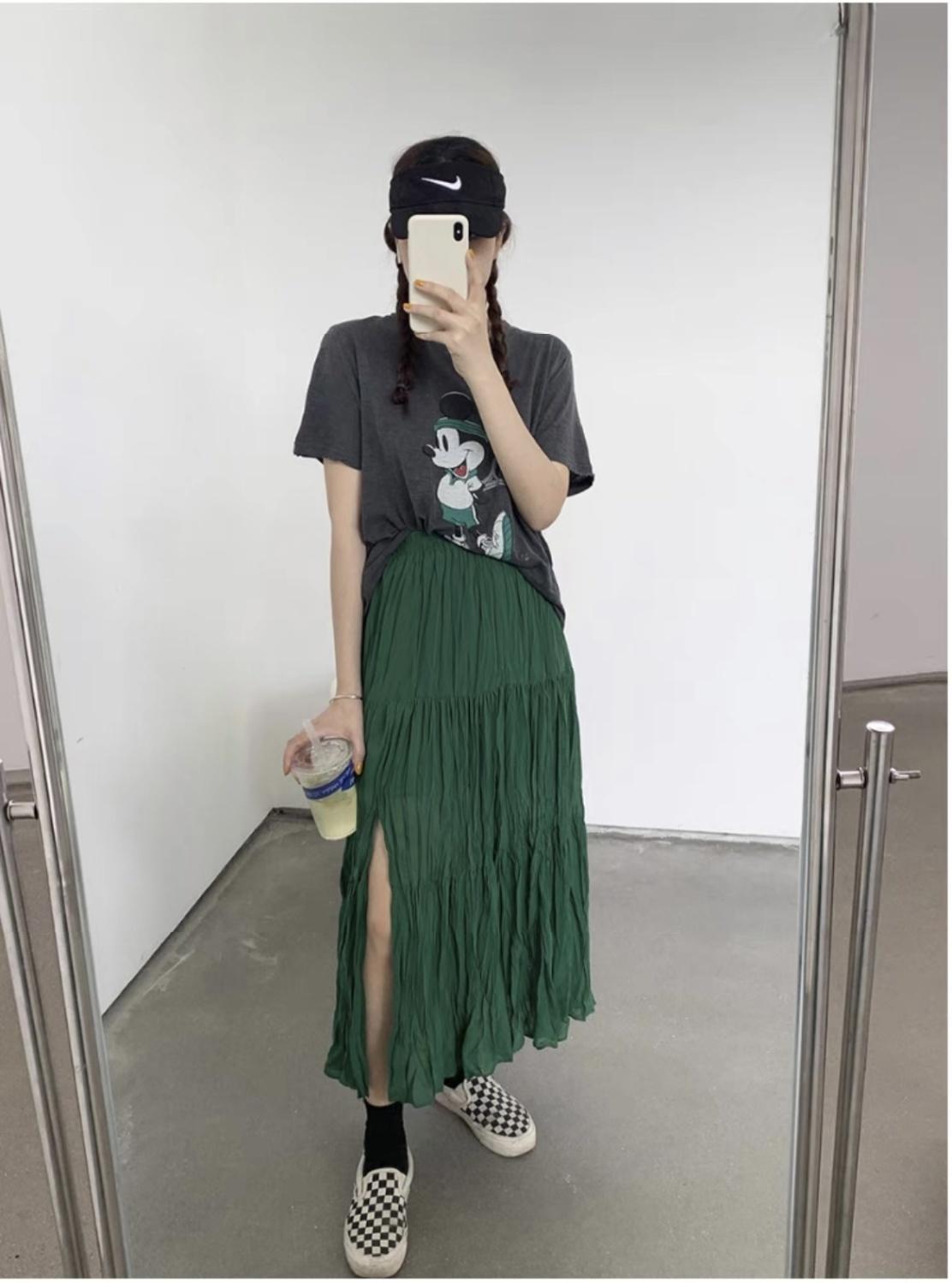 DONGSHOP Cao cấp hoa xẻ tà nửa người váy mùa xuân và mùa hè 2023 Vintage thả cảm thấy gầy váy xếp li một chữ dài váy