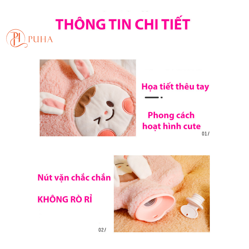 Túi chườm nóng đau bụng kinh PUHA 1000ml, túi sưởi ấm giữ nhiệt đa năng, túi trườm nóng giảm đau hiệu quả họa tiết Thỏ cute