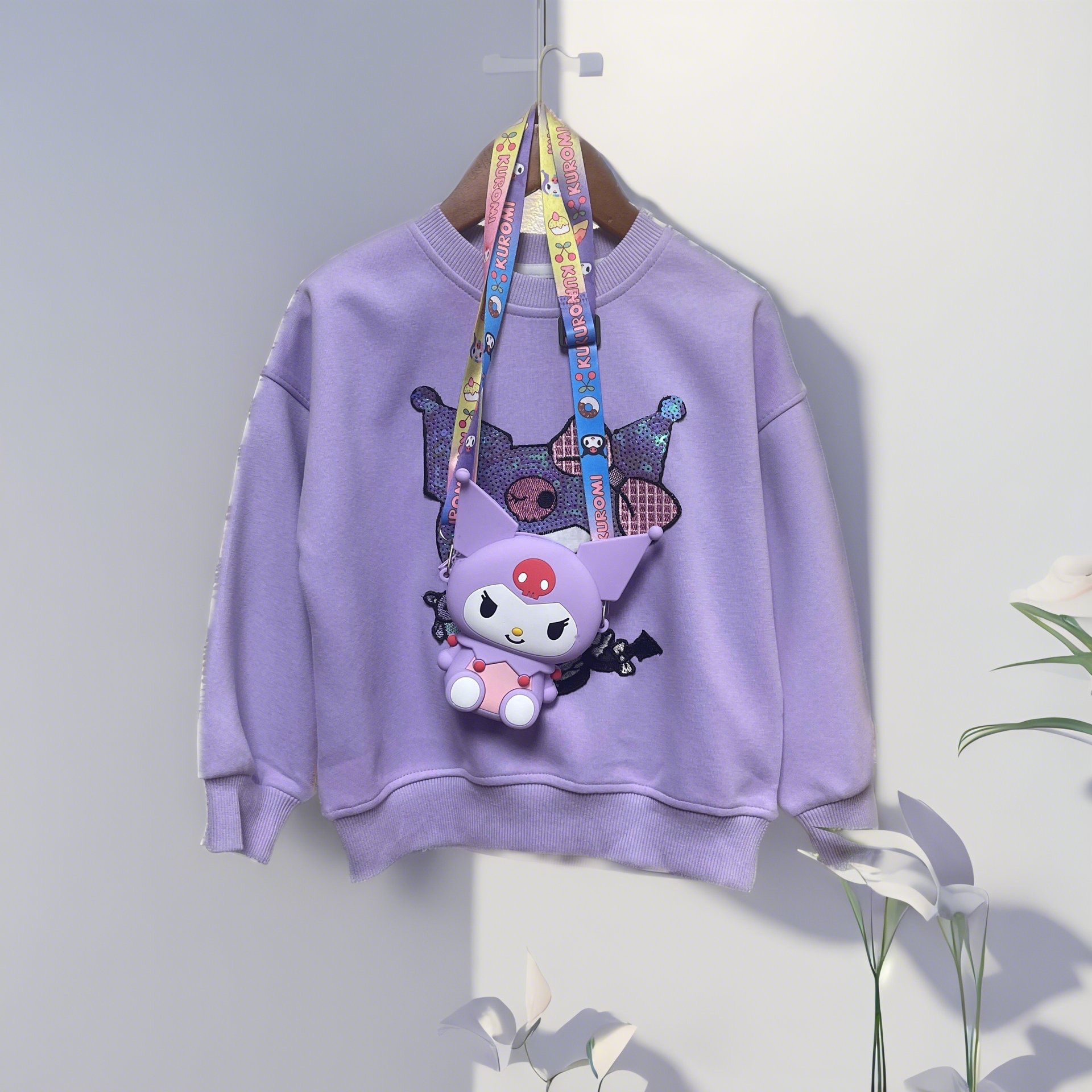 Áo nỉ bé gái cổ tròn tặng túi 4-10 tuổi hình kuromi và thỏ chất liệu cao cấp kiểu dáng thời trang