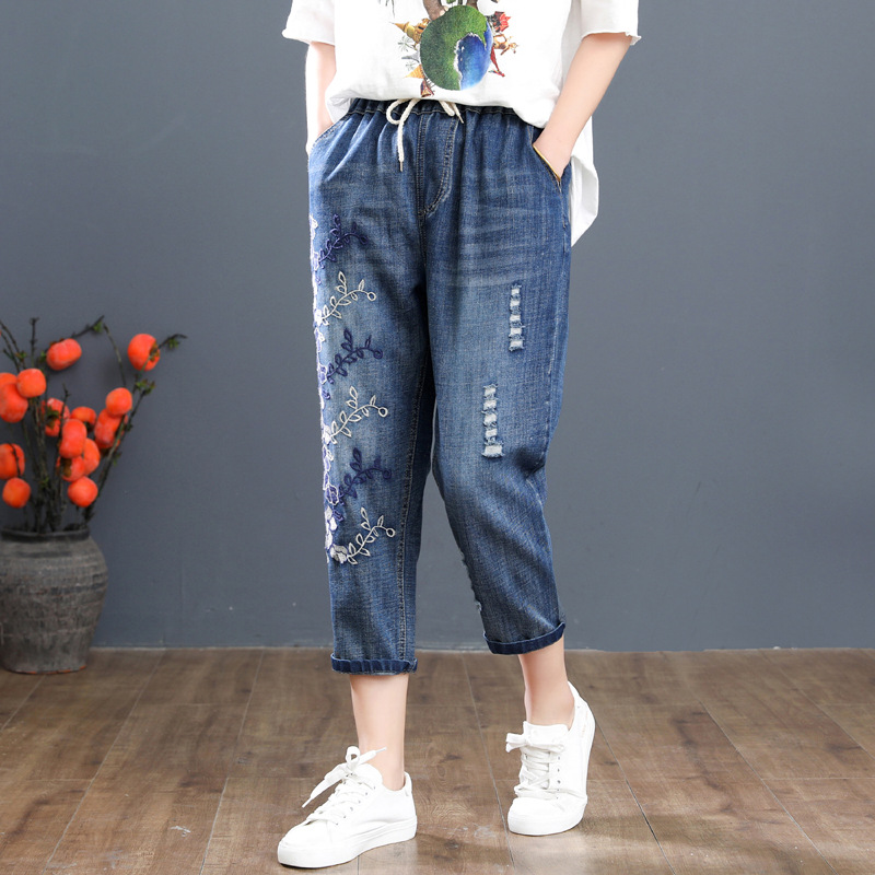 Quần jean bò baggy thêu hoa dây dễ thương QB35