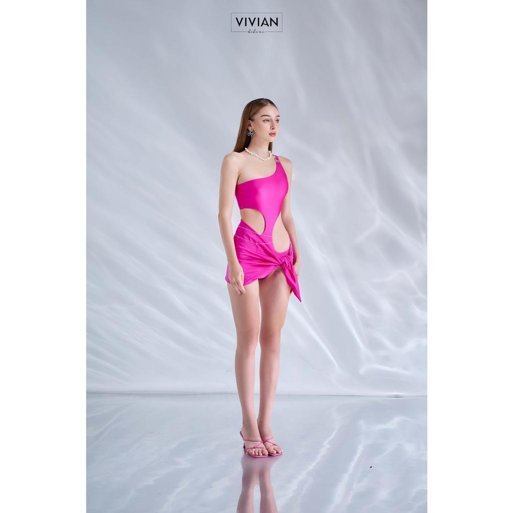 Đồ bơi nữ cao cấp  dạng một mảnh lệch vai cutout &amp; phối váy cover cách điệu - Hồng - VS175_PK