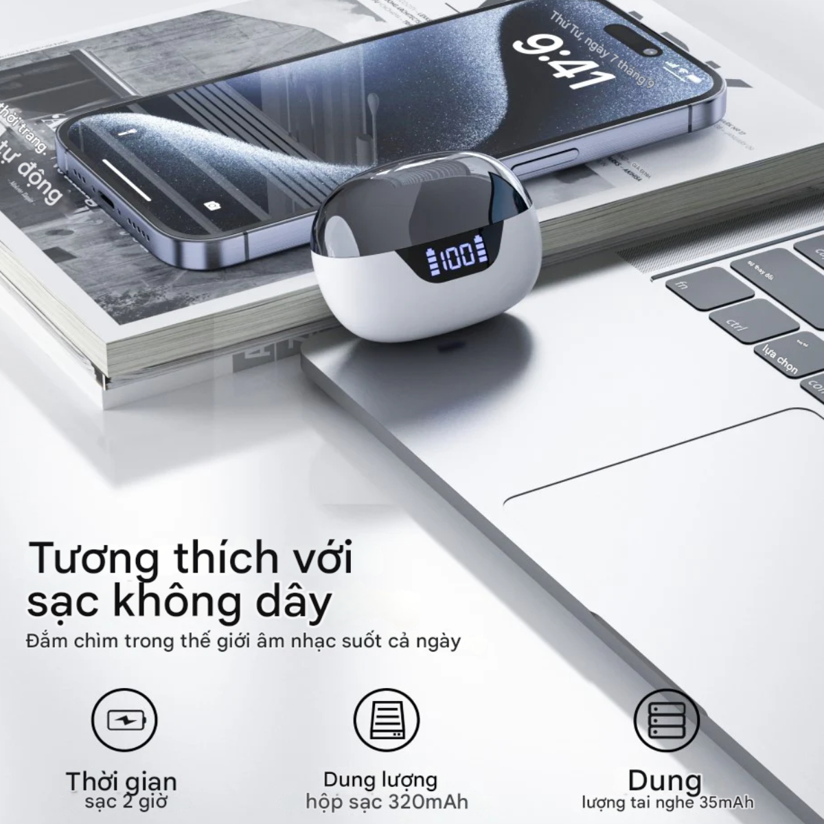 Tai nghe không dây chống ồn kép Choetech BH-T60 có màn hình LED hiển thị pin - Hàng chính hãng