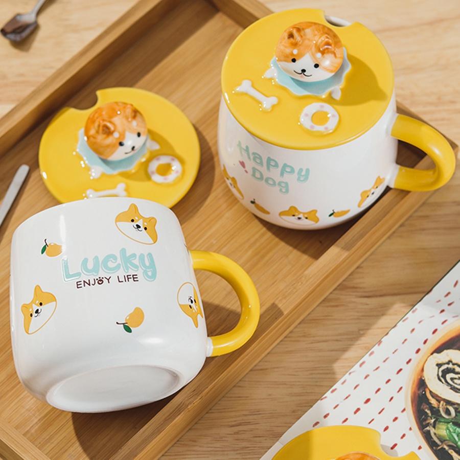 Cốc Gốm Sứ Vẽ Tay Chú Chó Corgi, Shiba Inu Cute Dễ Thương 400ml Có Nắp Và Thìa