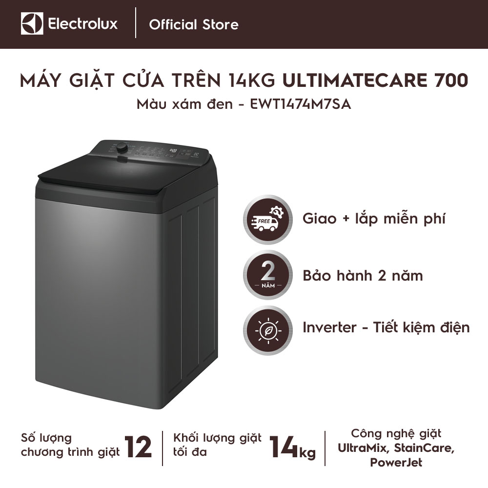 [Free Giao lắp] Máy giặt cửa trên Electrolux 14kg UltimateCare 700 EWT1474M7SA - Xám đen, giặt sạch sâu, không cặn giặt tẩy [Hàng chính hãng]