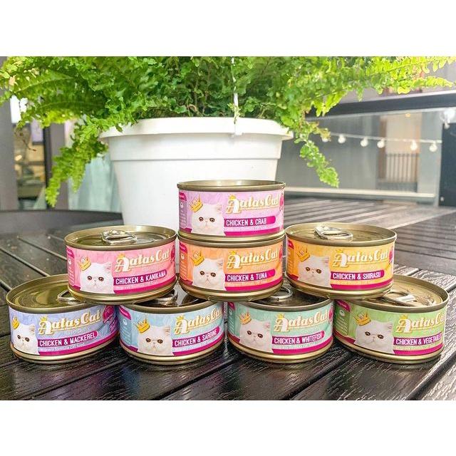Pate mèo dạng súp gà sợi nhuyễn mix 8 vị - 1 Thúng 24 lon pate thức ăn ướt cho mèo Aatas Cat nhập khẩu Thái Lan