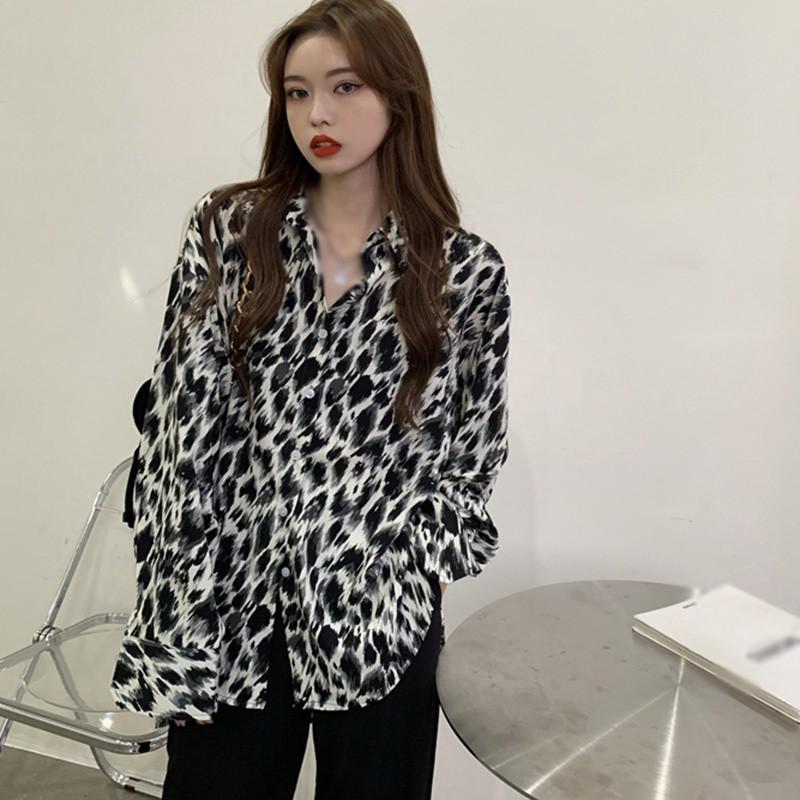 Áo Sơ Mi Chiffon Dáng Rộng Họa Tiết Da Báo Quyến Rũ Cho Nữ