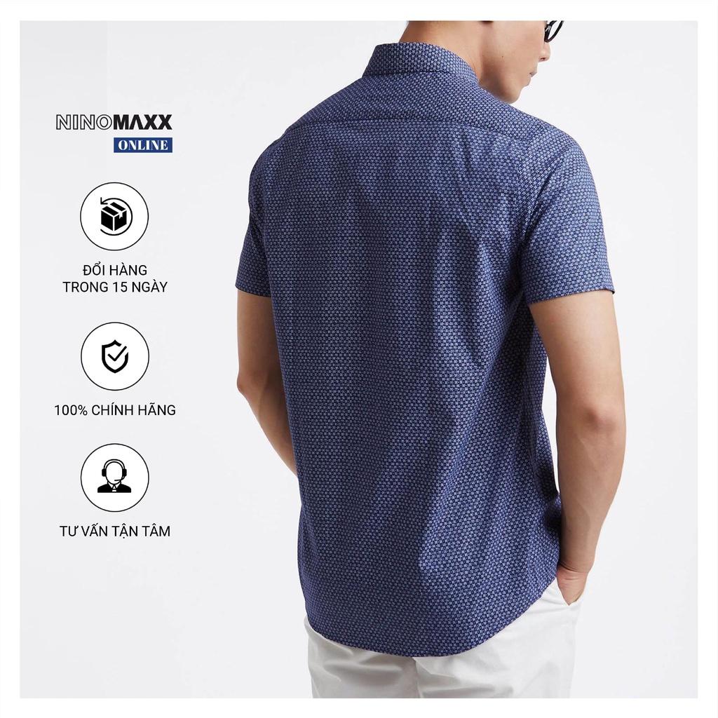 N&amp;M Áo Sơ Mi Nam ngắn tay cổ bẻ màu xanh than có họa tiết sọc 100% cotton 1910133