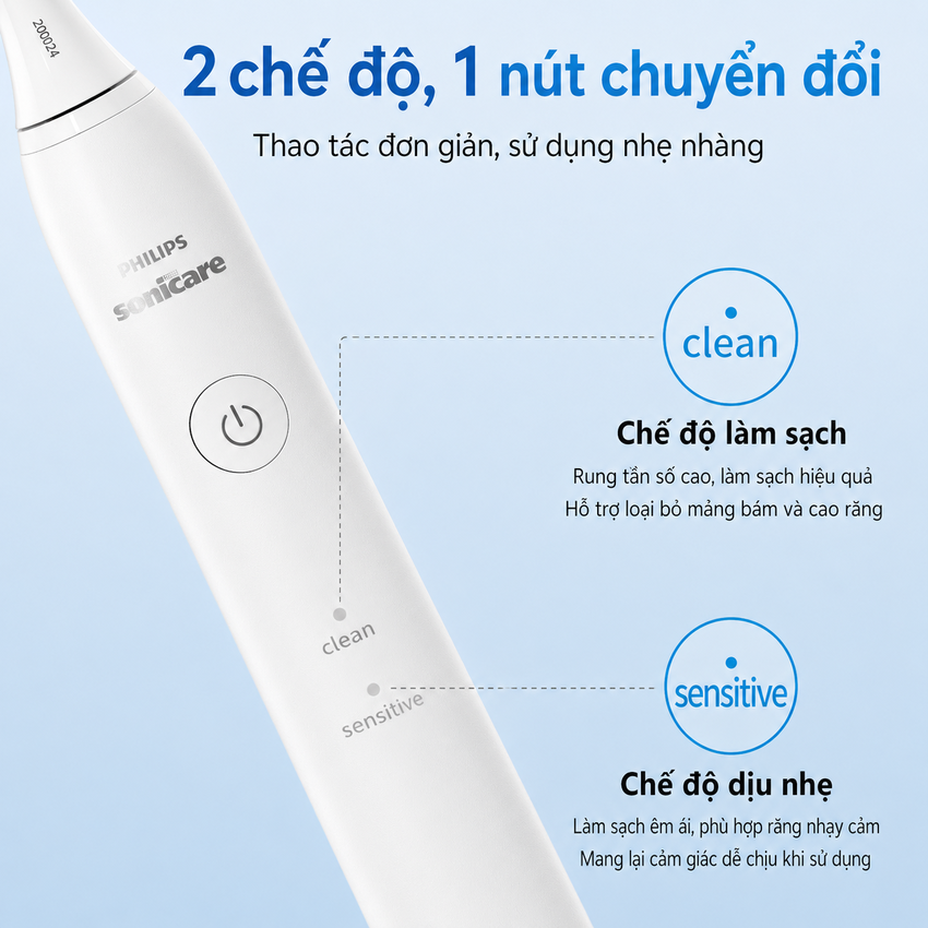 Bàn chải đánh răng điện Philips Sonicare HX2421 tích hợp 2 chế độ làm việc Clean, Sensitive - Hàng Nhập Khẩu