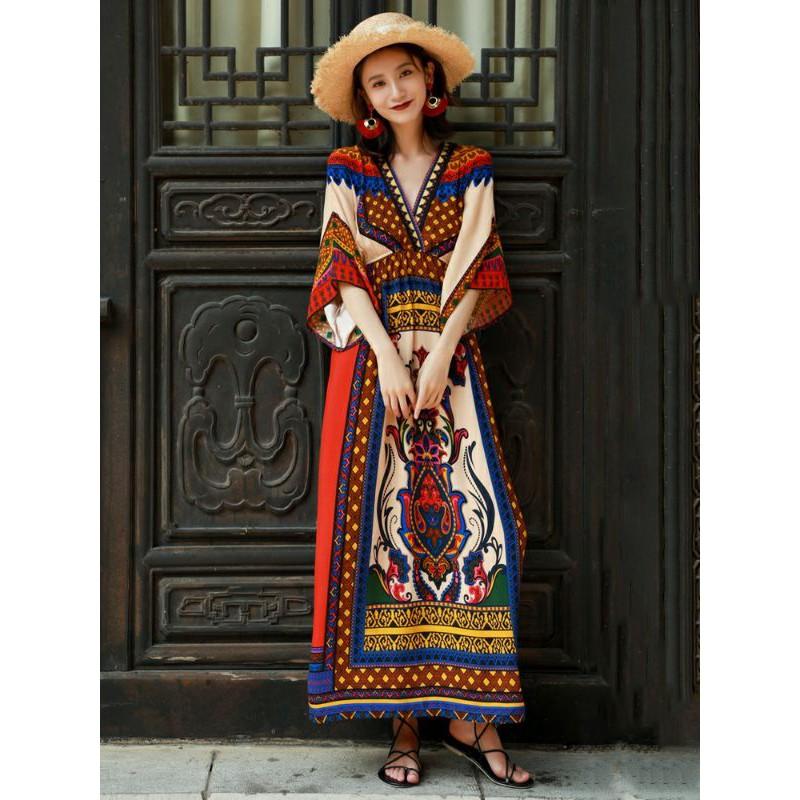 Váy Du Lịch Thổ Cẩm Cổ V