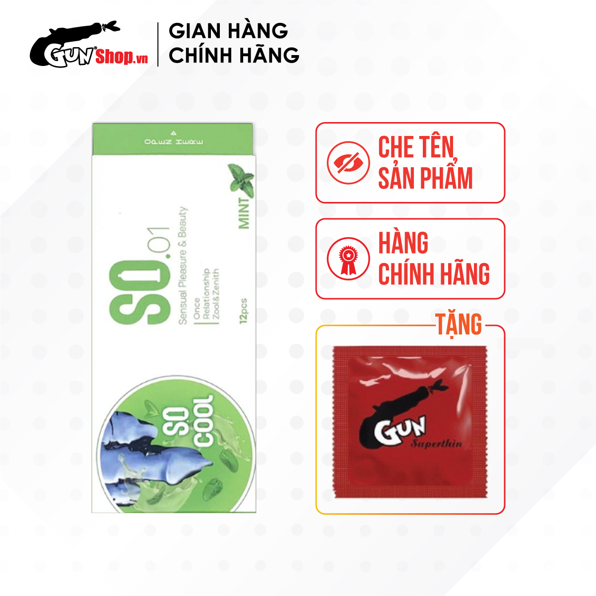 [Hộp 12 cái] Bao cao su SO Cool - Mỏng, hương bạc hà kèm 1 chiếc BCS Gun Super Thin