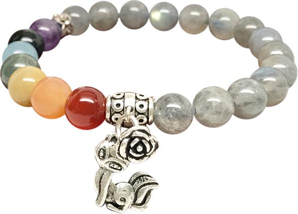 Vòng Tay Xà Cừ Xám Mix Đá 7 Sắc Và Charm Hồ Ly Bạc Ngọc Quý Gemstones VPT037