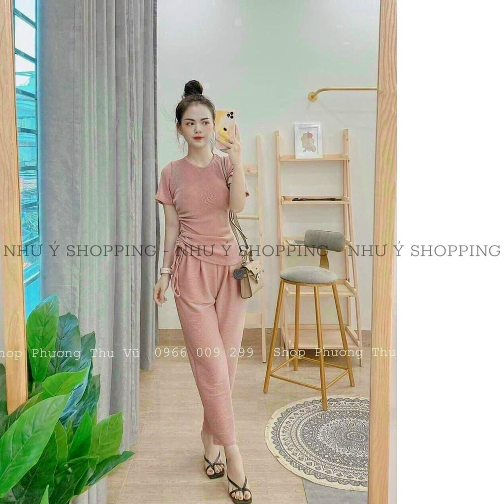 Bộ đồ nữ len tăm dây rút màu hồng cực xinh chất dày dặn free size dưới 55kg vừa