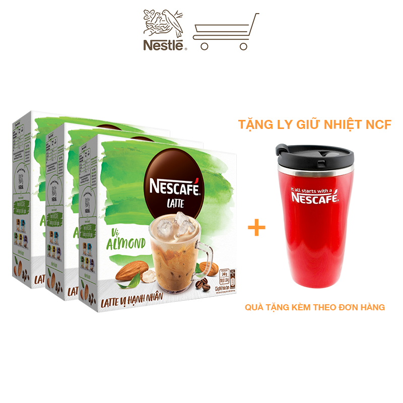[Tặng ly 2 lớp tiện lợi] Combo 3 hộp cà phê hòa tan Nescafé Latte sữa hạt vị hạnh nhân (Hộp 10 gói x 24g)