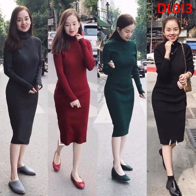 Váy body nữ, đầm ôm cổ lọ chất len tăm xinh xắn
