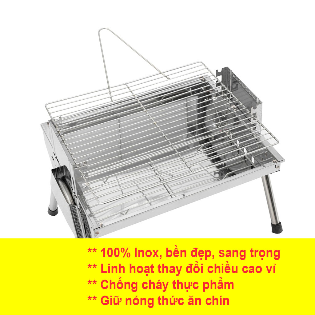 Bếp nướng than hoa VCS thay đổi chiều cao vỉ, Inox không gỉ sét, chống cháy thực phẩm, an toàn sức khỏe, không cần quạt, bếp nướng không khói, bếp nướng ngoài trời, bếp nướng than hoa vuông