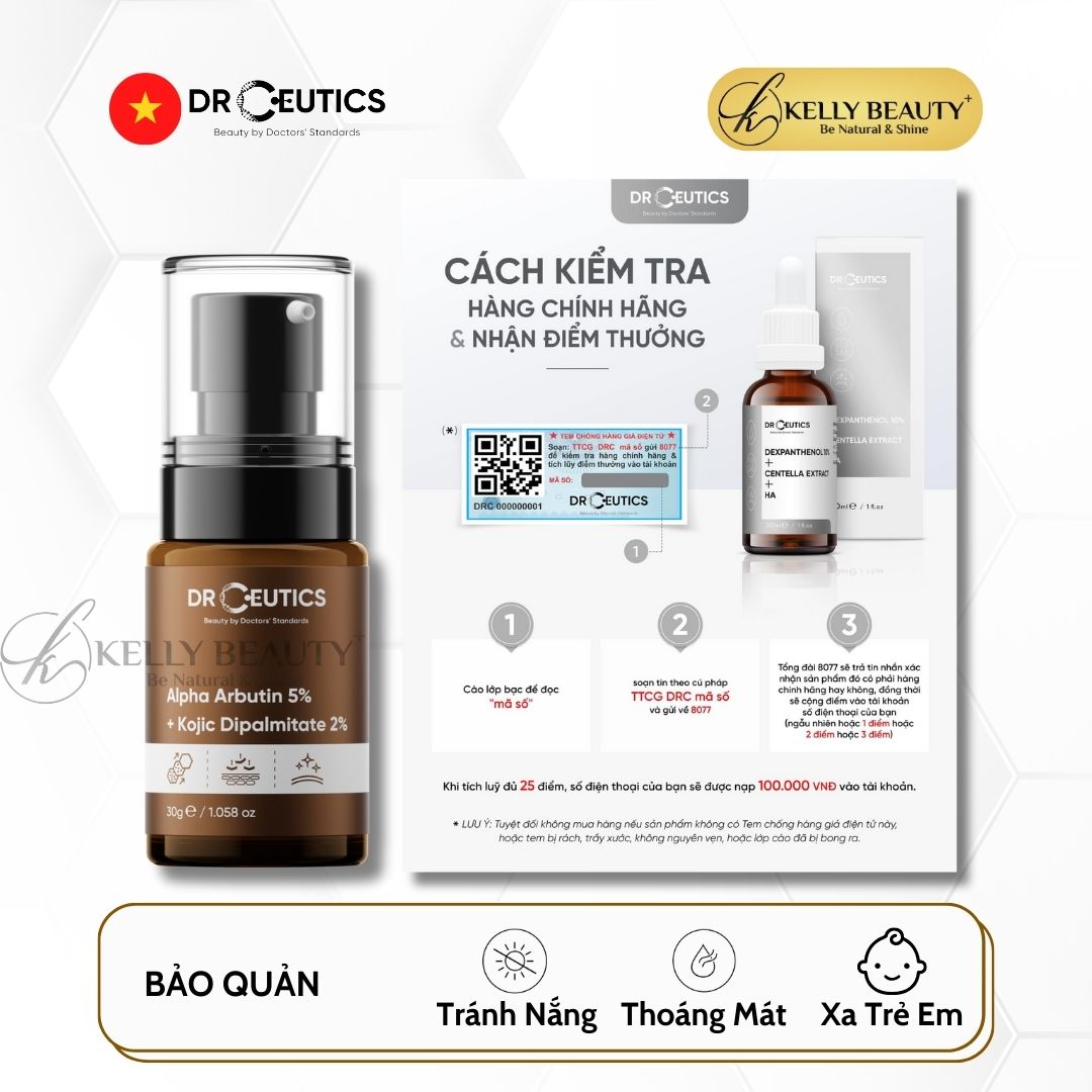 Serum Alpha Arbutin 5% + Kojic Dipalmitate 2% DrCeutics - Làm Sáng Đều Màu Da; Giảm Thâm Đen, Sạm Nám | Kelly Beauty