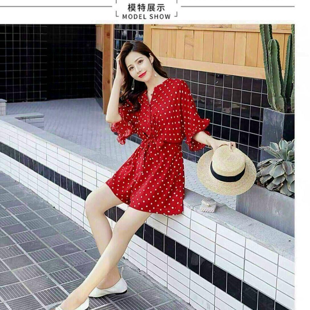 Đầm Jum Chấm Bi Đỏ, Kèm Thắt Nơ Eo, Thiết Kế Tay Loe Trẻ Trung, Hack Tuổi, Diện Xinh