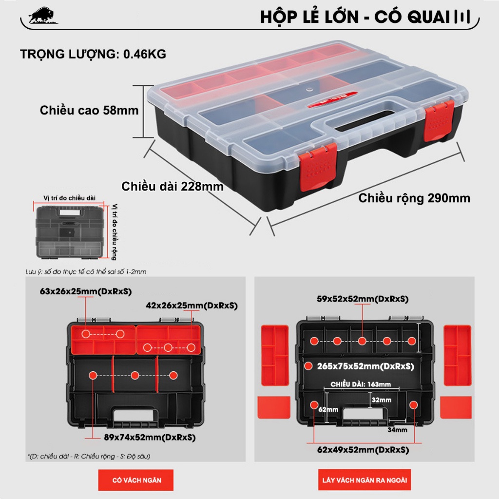 Bộ hộp đựng linh kiện Bison 4 trong 1 nhiều ngăn tiện dụng, dùng đựng ốc vít mũi khoan linh kiện điện tử thủ công câu cá