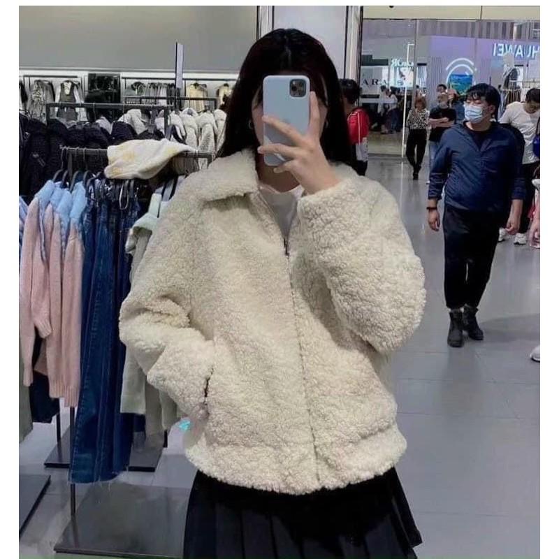 ÁO KHOÁC LÔNG XÙ KÉO KHOÁ CỔ BẺ NỮ - BE ĐEN
