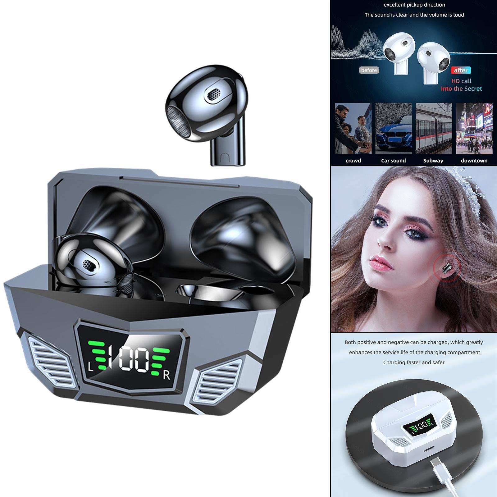 Wireless Game Earbuds Noise Reduction for Sports LED Battery Display Black