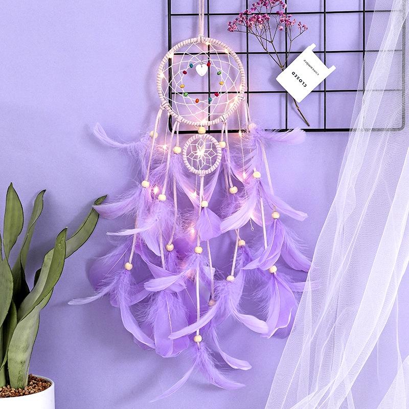 Vòng Dreamcatcher Lông Vũ Có Đèn LED Treo Tường Trang Trí Phòng Ngủ Tặng Kèm Móc Dán Tường