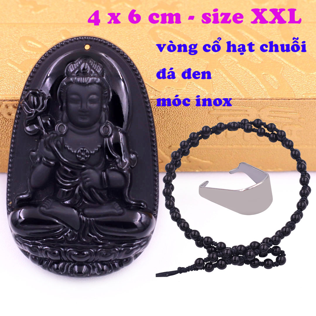 Mặt Phật Đại thế chí đá thạch anh đen 6 cm kèm vòng cổ hạt chuỗi đá đen - mặt dây chuyền size lớn - XXL, Mặt Phật bản mệnh