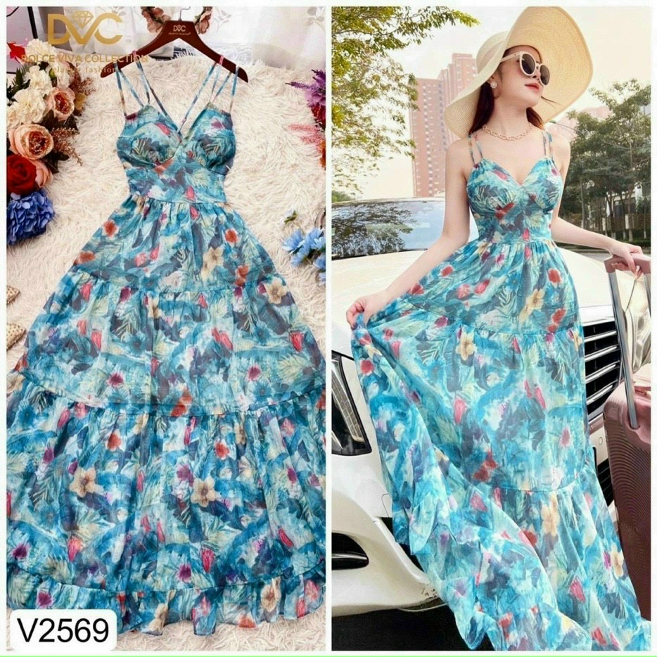 Đầm maxi hai dây có mút ngực đi biển màu xanh