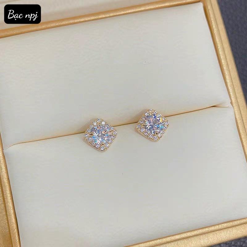 Bông tai đá vuông xinh xắn , hoa tai nữ Bạc Ta - Bạc npj
