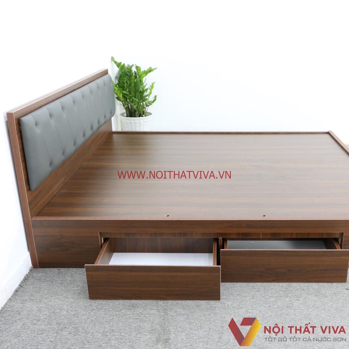 Giường Ngủ Gỗ MDF Phủ Melamine Màu Nâu Có Ngăn Kéo + Đầu Nệm Đen Đẹp