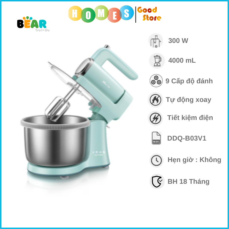 Máy Đánh Trứng Trộn Bột Để Bàn BEAR DDQ-B03V1 Dung Tích Cối 4 Lít, Công Suất 300 W - Hàng Chính Hãng