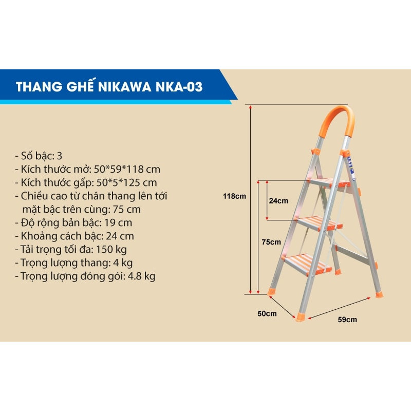 Thang ghế Nikawa NKA gọn gàng và dễ dàng sử dụng. 3 bậc, 4 bậc và 5 bậc