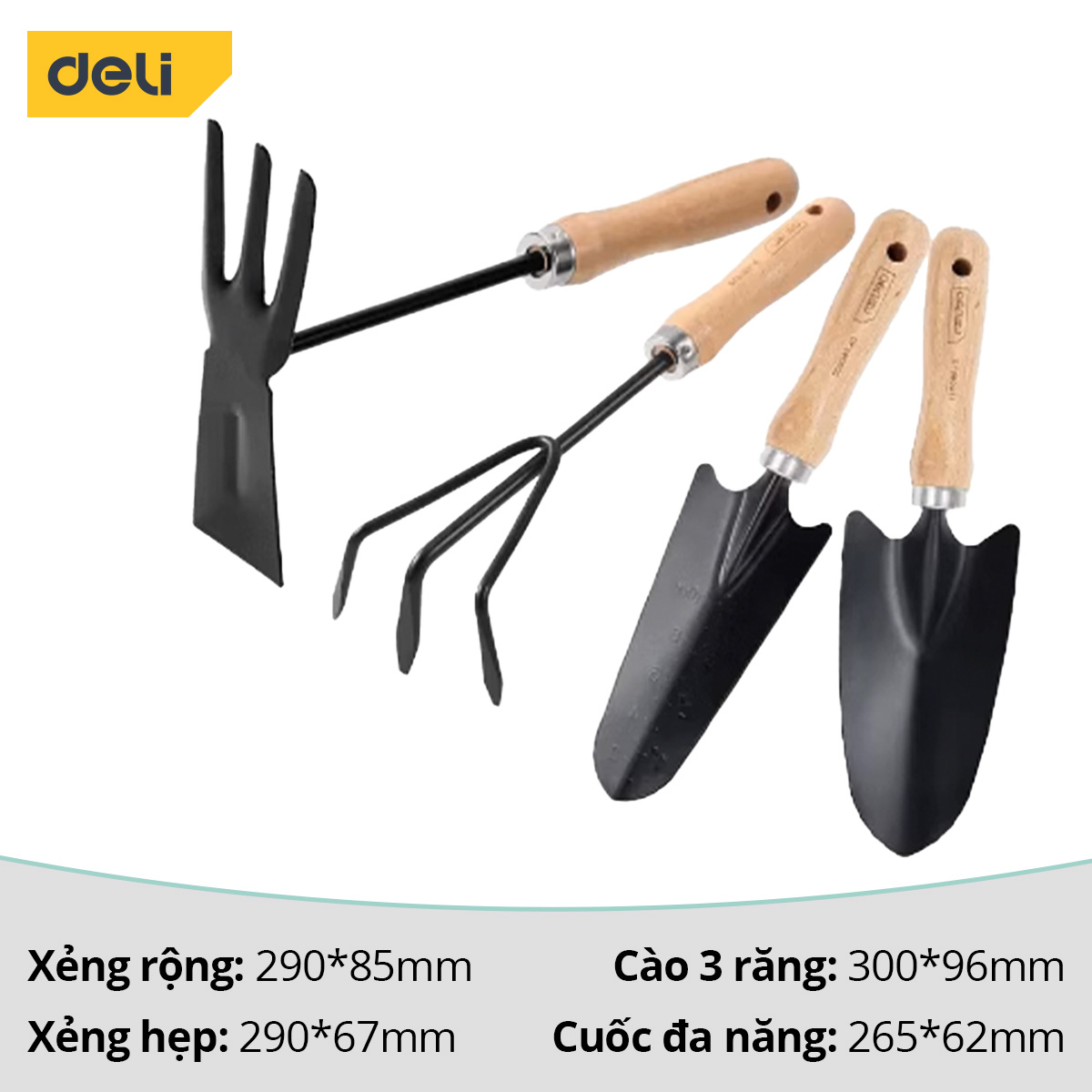 Bộ Dụng Cụ Làm Vườn 4 Món Cán Gỗ Chính Hãng DELI TOOLS - Xẻng, Quốc, Cào Đa Năng - Chất Liệu Cao Cấp, Chắc Chắn