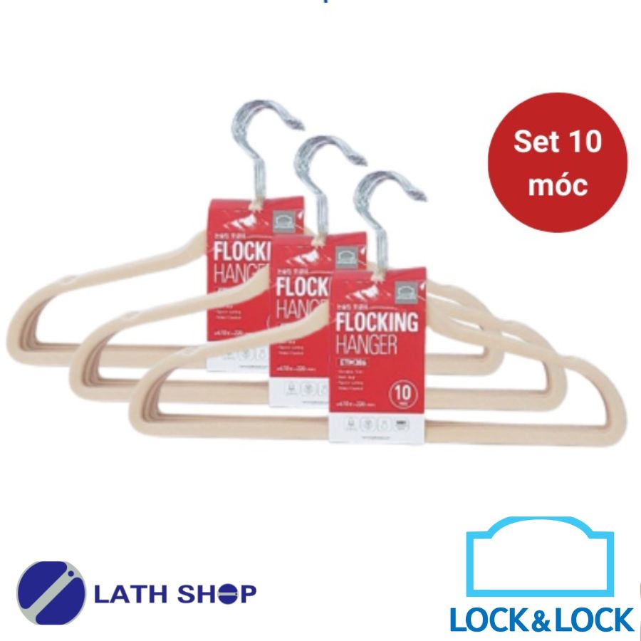 Bộ 10 Móc Treo Quần Áo Lock&amp;Lock Women's Flocking Hanger Bằng Nhựa , Bọc Nhung, Đầu Móc Bằng Kim Loại ETM386- Hàng Chính Hãng