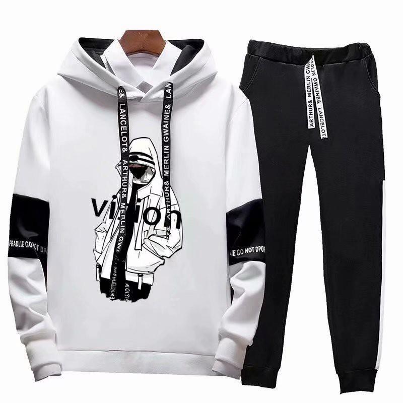 Set áo hoodie tay dài + quần in họa tiết phong cách Âu Mỹ năng động cá tính