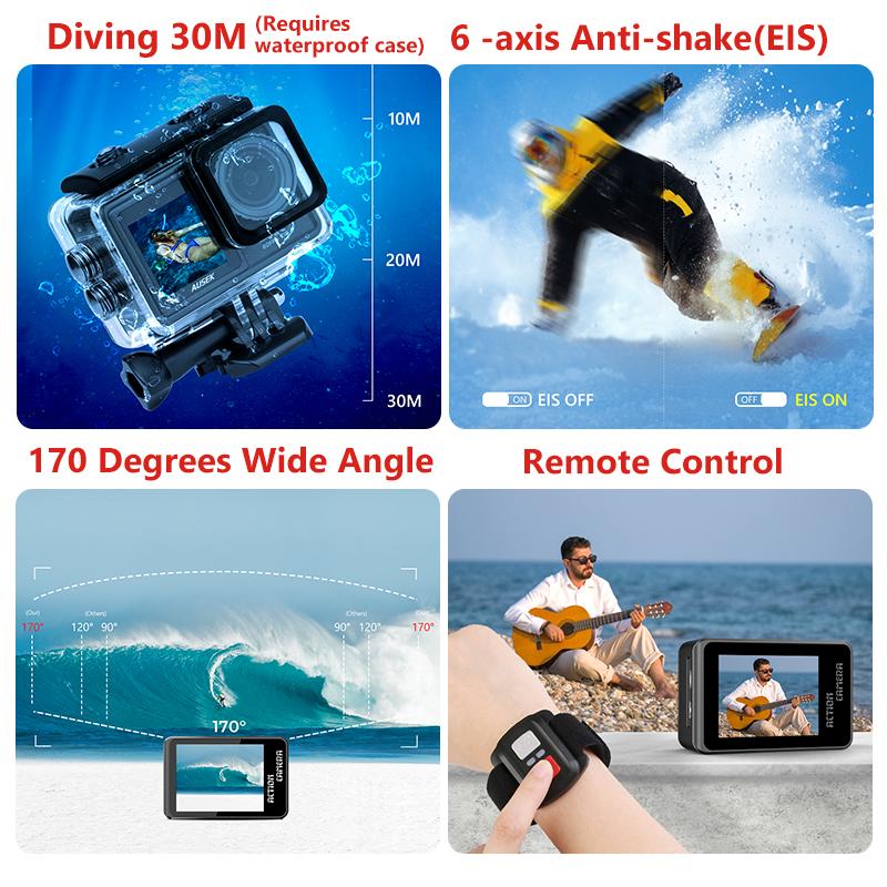KEELEAD Action Camera with Removable Filter Lens 4K 60FPS 20MP 2.0-inch LCD EIS Dual Screen Video Shooting Waterproof Sports Cam
