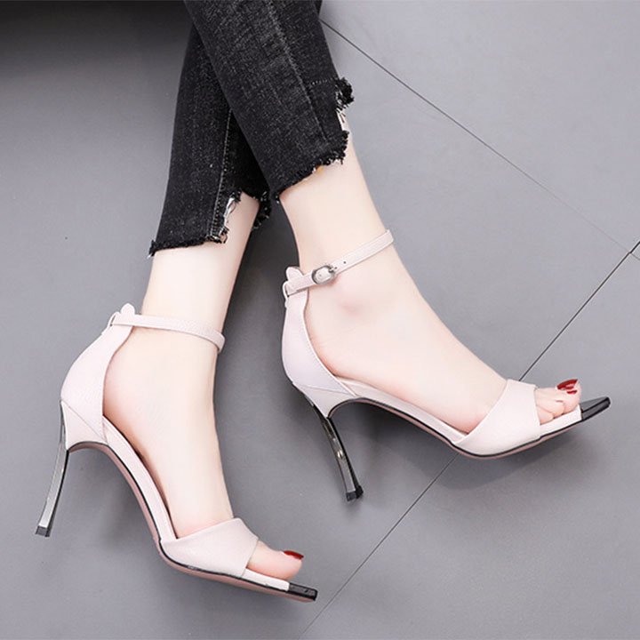 Giày sandal cao gót nữ quai ngang phối mũi sắt gót kim loại - Linus LN301