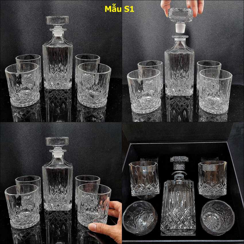 Bộ Chai Đựng Rượu Pha Lê kèm 4 ly whiskey decanter cao cấp - 4 mẫu lựa chọn - Bộ Bình Rượu Pha Lê nắp mài đặc nguyên khối không gioăng