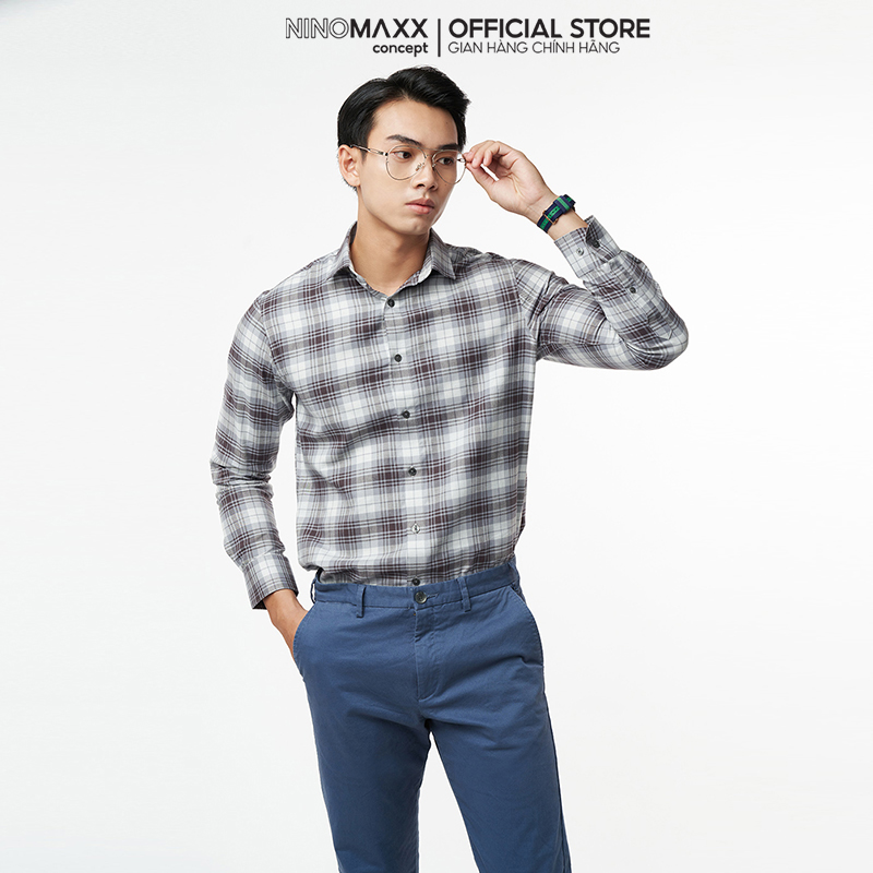 N&amp;M Áo sơ mi caro Nam tay dài chất cotton form slim fit 2110034