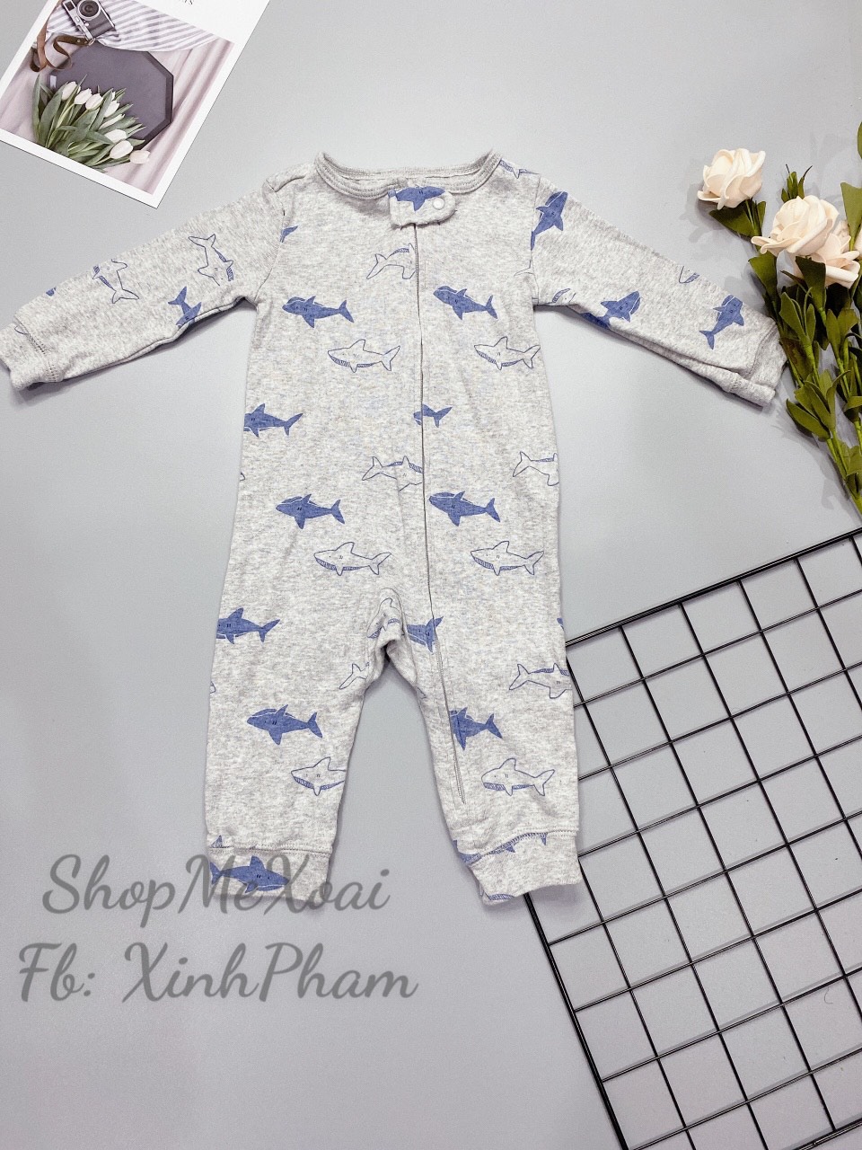 [Size  6M ] Body sleep,body liền tất xuất dư màu xám họa tiết cá voi