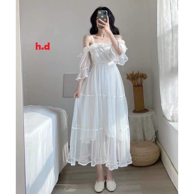 Váy Trắng 2 dây trễ vai bèo ngực dáng dài Đầm babydoll đi biển du lịch dự tiệc