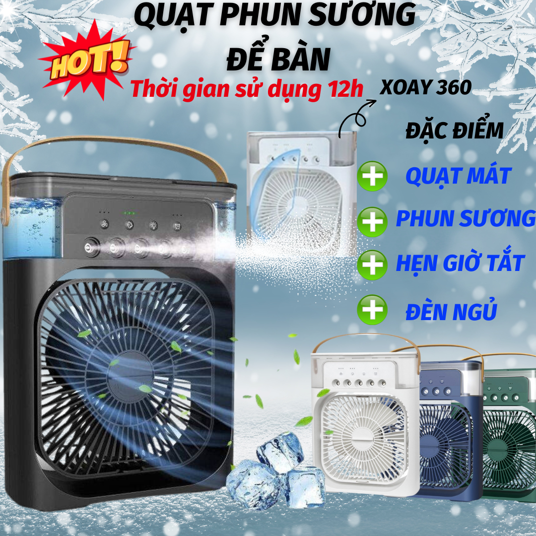 Quạt Điều Hòa Không Khí Mini Phun sương Tránh Nóng Mùa Hè, Có đèn Led 7 màu, 3 chế độ hẹn giờ thông minh, Khay chứa nước lơn 600ml