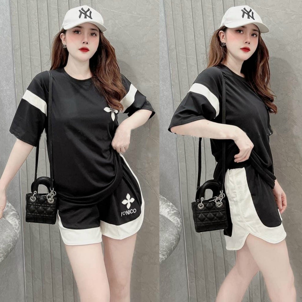 Set Bộ Đùi Form Rộng Thun Cotton Logo Thêu Phối Màu Đen Trắng (có 4 Size từ 45kg đến 70kg)